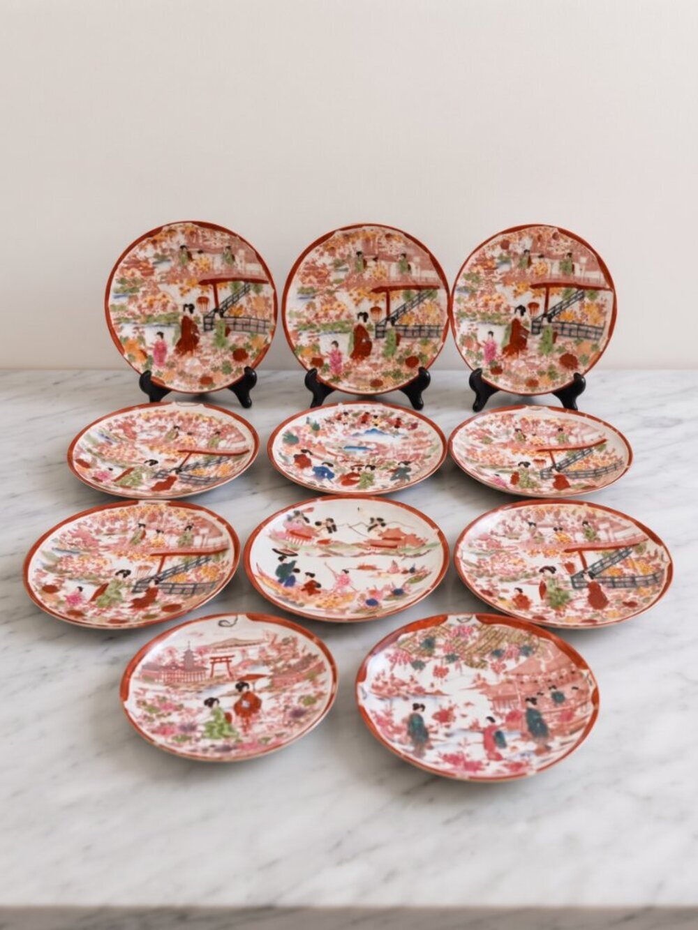Vintage Japanese Geisha Girl Porcelain Dessert Plates Set 11 Kutani Style